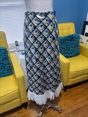 Endless Rose Black Sequin Mosaic Maxi Skirt with White Fringe